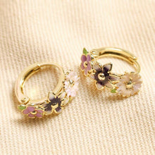 Load image into Gallery viewer, Enamel Floral Huggie Earrings in Gold