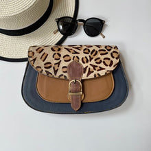 Load image into Gallery viewer, Josephine Navy Tan Leopard Upcycled Leather Handbag