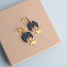 Load image into Gallery viewer, Celestial Gold Star Drop Earrings in Midnight Black: Pearly White