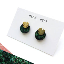 Load image into Gallery viewer, Green & Gold Monstera Stud Earrings