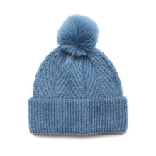 Load image into Gallery viewer, Charlotte Denim Blue Herringbone Knit Recycled Blend Bobble Hat