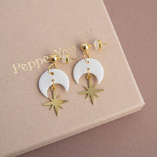Load image into Gallery viewer, Celestial Gold Star Drop Earrings in Pearly White: Pearly White