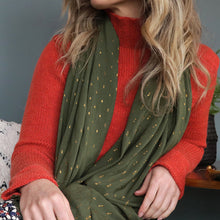 Load image into Gallery viewer, Dark Olive dobby cloth scarf with gold lurex weave