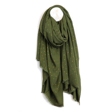 Load image into Gallery viewer, Dark Olive dobby cloth scarf with gold lurex weave