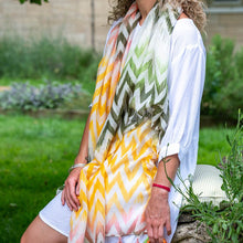 Load image into Gallery viewer, Green, Peach &amp; Yellow Chevron scarf
