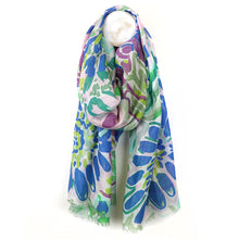 Load image into Gallery viewer, Blue, Green and Purple Floral Scarf With Metallic Thread Detail