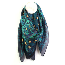 Load image into Gallery viewer, Teal And Navy Mix 100% Silk Botanical And Animal Print Scarf