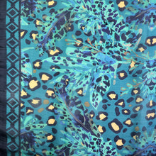 Load image into Gallery viewer, Teal And Navy Mix 100% Silk Botanical And Animal Print Scarf