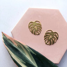 Load image into Gallery viewer, Gold Monstera Stud Earrings