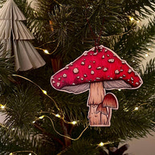 Load image into Gallery viewer, Toadstool illustrated wooden Christmas tree decoration