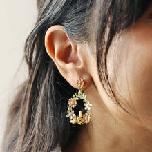 Load image into Gallery viewer, Crystal Flower and Enamel Bee Drop Earrings