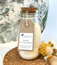 Load image into Gallery viewer, Amber and Tonka Bean - Pippin 200ml milk bottle candle with cork lid