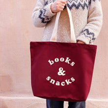 Load image into Gallery viewer, Books & Snacks - Burgundy Canvas Tote Bag