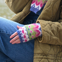 Load image into Gallery viewer, Imogen Fluffy Blue Lime And Pink Mix Pattern Knit Wristwarmers
