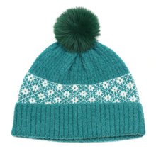 Load image into Gallery viewer, Jade Green And White Floral Design Pompom Bobble Hat