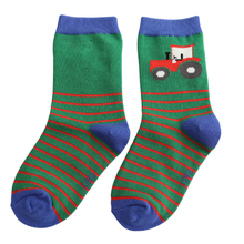 Load image into Gallery viewer, Baby Sparrow Kids Bamboo Socks Tractors & Stripes Green