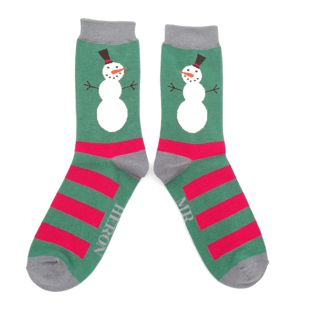 Mr Heron men's bamboo socks Christmas Snowman Stripes green