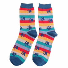 Load image into Gallery viewer, Mr Sparrow mens bamboo socks paw prints and stripes navy