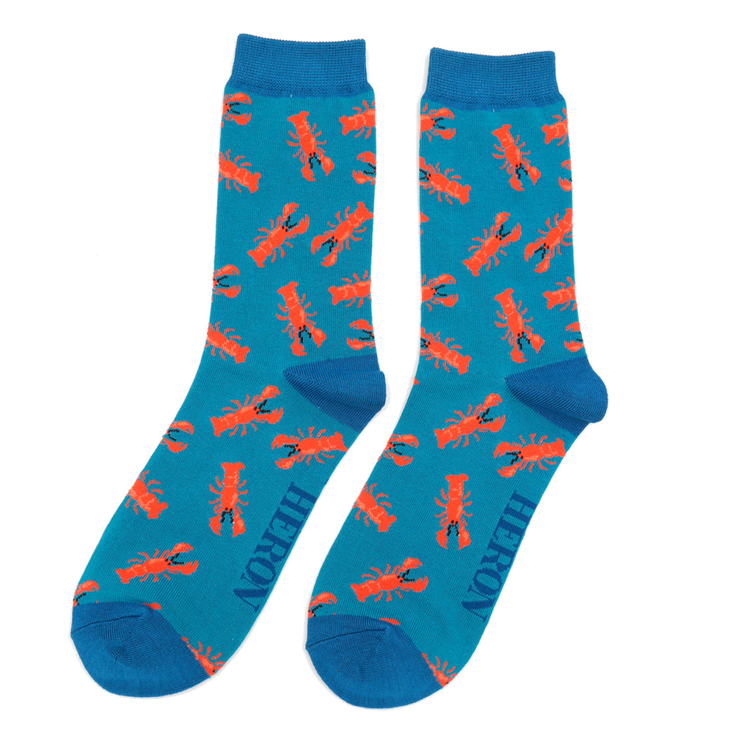 Mr Heron mens bamboo socks Red Lobsters blue