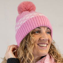 Load image into Gallery viewer, Rose pink and white floral design pompom bobble hat