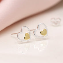 Load image into Gallery viewer, Silver and Gold double heart stud earrings
