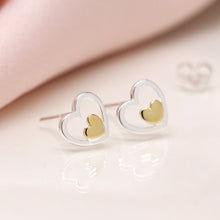 Load image into Gallery viewer, Silver and Gold double heart stud earrings