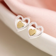 Load image into Gallery viewer, Silver and Gold double heart stud earrings