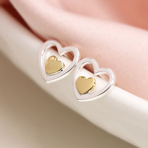 Silver and Gold double heart stud earrings