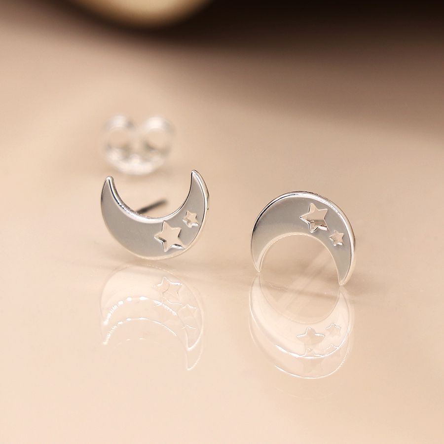Sterling silver moons with cut out star detail stud earrings