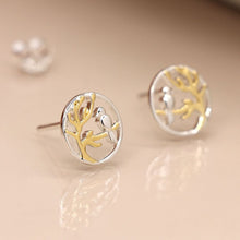 Load image into Gallery viewer, Sterling silver and rose gold plate tree and bird circle stud earrings
