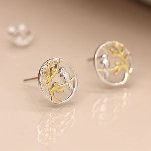 Sterling silver and rose gold plate tree and bird circle stud earrings