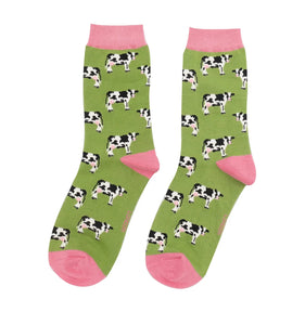 Miss Sparrow ladies bamboo socks cows green