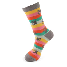 Load image into Gallery viewer, Miss Sparrow Ladies Bamboo Socks Paw Prints & Stripes Bright