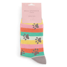 Load image into Gallery viewer, Miss Sparrow Ladies Bamboo Socks Paw Prints & Stripes Bright