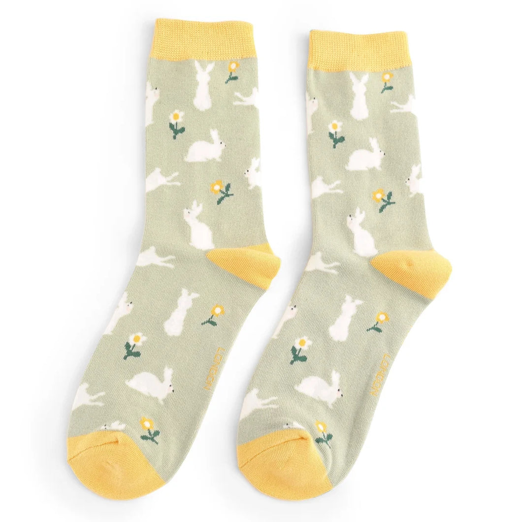 Miss Sparrow ladies bamboo socks bunnies and daisies mint