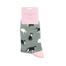 Load image into Gallery viewer, Miss Sparrow Ladies Bamboo Socks Black & White Cats Green