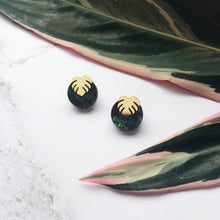 Load image into Gallery viewer, Green & Gold Monstera Stud Earrings