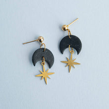 Load image into Gallery viewer, Celestial Gold Star Drop Earrings in Midnight Black: Pearly White
