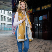 Load image into Gallery viewer, Bumble Bees border scarf in mustard yellow