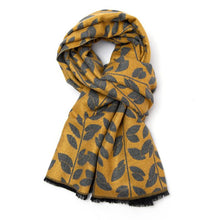 Load image into Gallery viewer, Leaves on stem scarf in mustard yellow and grey