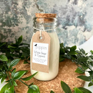 White Sage & Cypress - Pippin 200ml milk bottle candle with cork lid