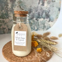 Load image into Gallery viewer, White Sage &amp; Cypress - Pippin 200ml milk bottle candle with cork lid
