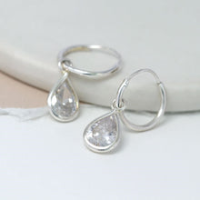 Load image into Gallery viewer, Sterling silver hoop earrings with CZ teardrop crystals