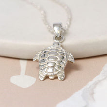 Load image into Gallery viewer, Sterling silver sea turtle necklace with fine silver chain