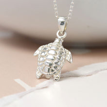 Load image into Gallery viewer, Sterling silver sea turtle necklace with fine silver chain