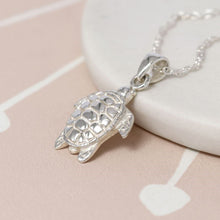Load image into Gallery viewer, Sterling silver sea turtle necklace with fine silver chain