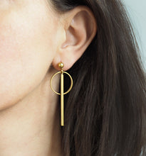 Load image into Gallery viewer, Circle + Long brass bar stud earrings