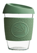 Load image into Gallery viewer, Reusable Glass Cup 12oz Happy Camper Green