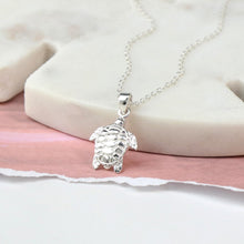 Load image into Gallery viewer, Sterling silver sea turtle necklace with fine silver chain
