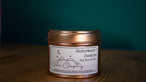 Cedarwood and Jasmine wee tin soy wax candle by The Coorie Company